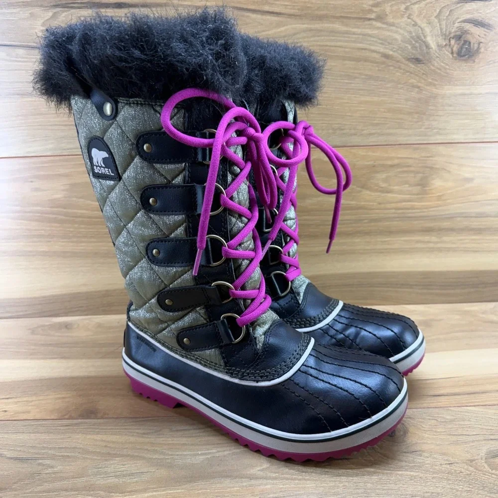 Sorel Tofino Nori Blush Snow‎ Boots Womens 7 Black Waterproof Faux Fur Tall